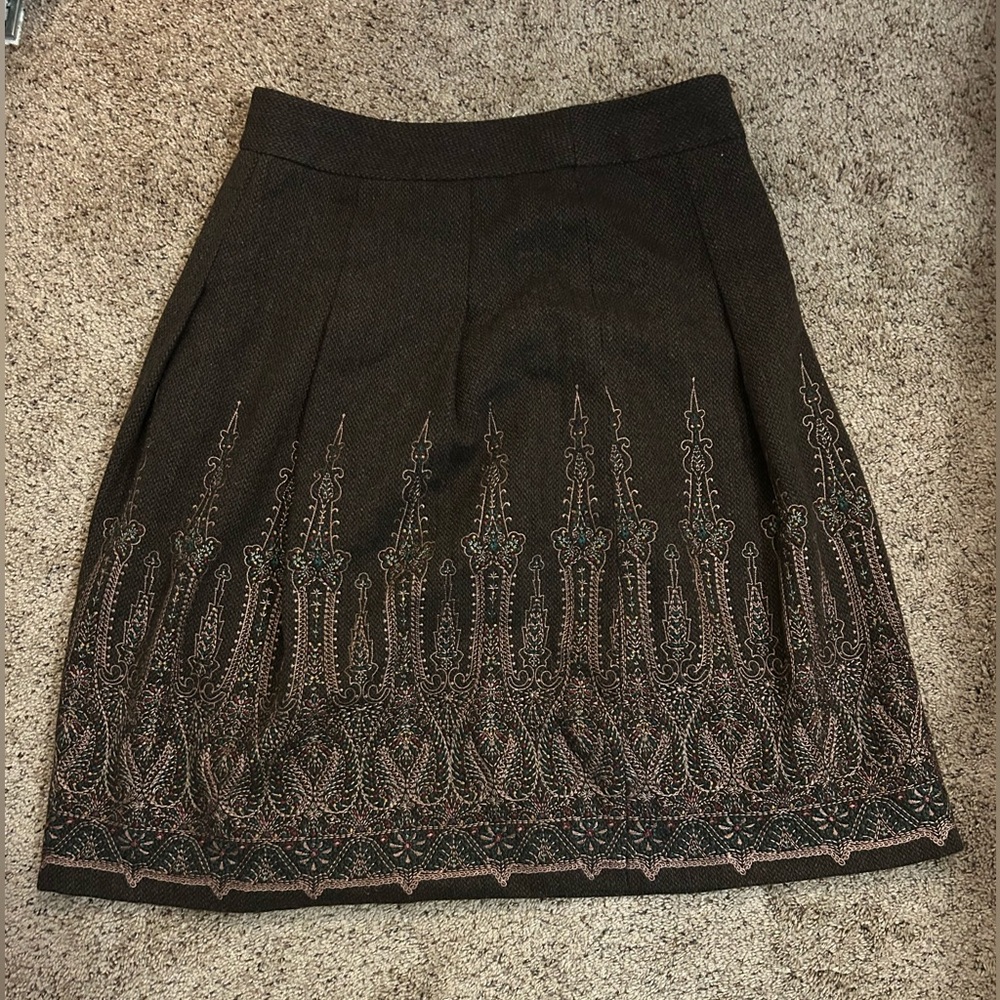 LOFT Dark Brown A-Line Skirt with Intricate Embroidery